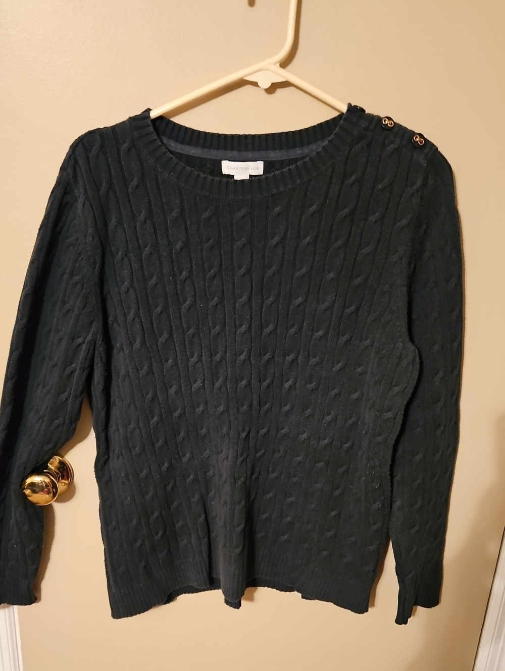 Cable Knit Crewneck Sweater with Shoulder Buttons - Green